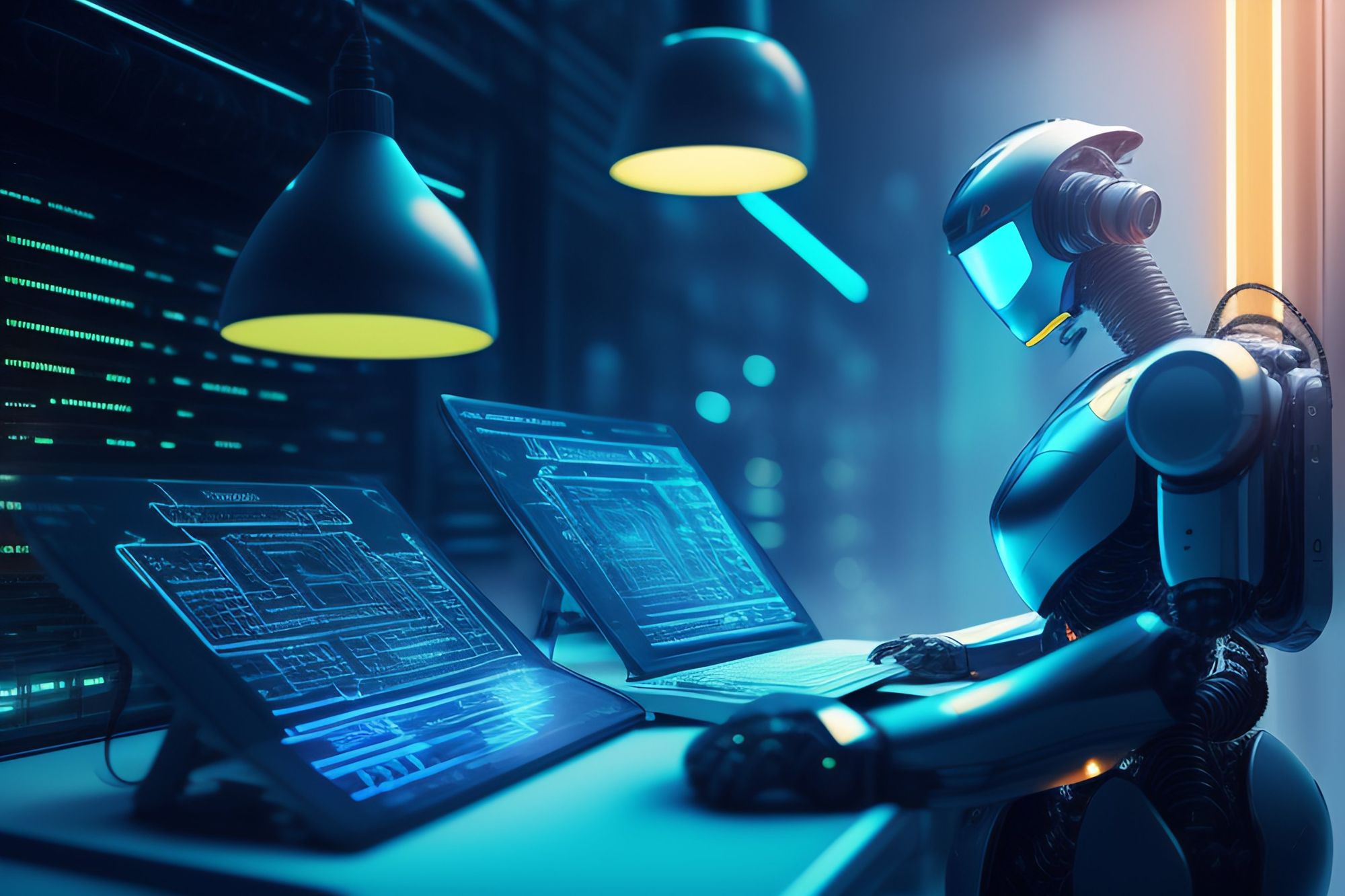 A robot works at a computer station in mysterious blue light